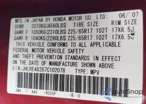 2007 Honda Cr-V Lx z USA, uszkodzony, nr VIN JHLRE48357C102078